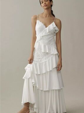 bhldn juliette sleeveless v-neck chiffon ruffle maxi dress BHLDN Juliette Sleeveless V-Neck Chiffon Ruffle Maxi Dress